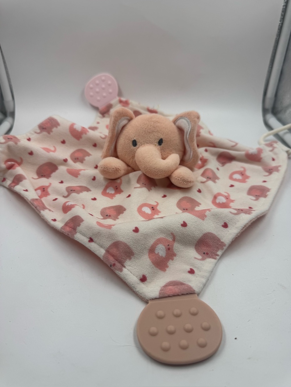 Modern Baby Elephant Lovey Pink Teether Grab Toy Security Blanket Elephant Print